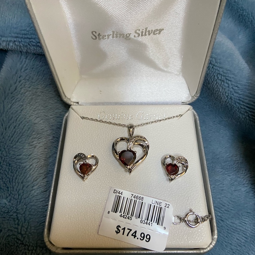 Sterling Silver Garnet Heart Necklace/Earring Set